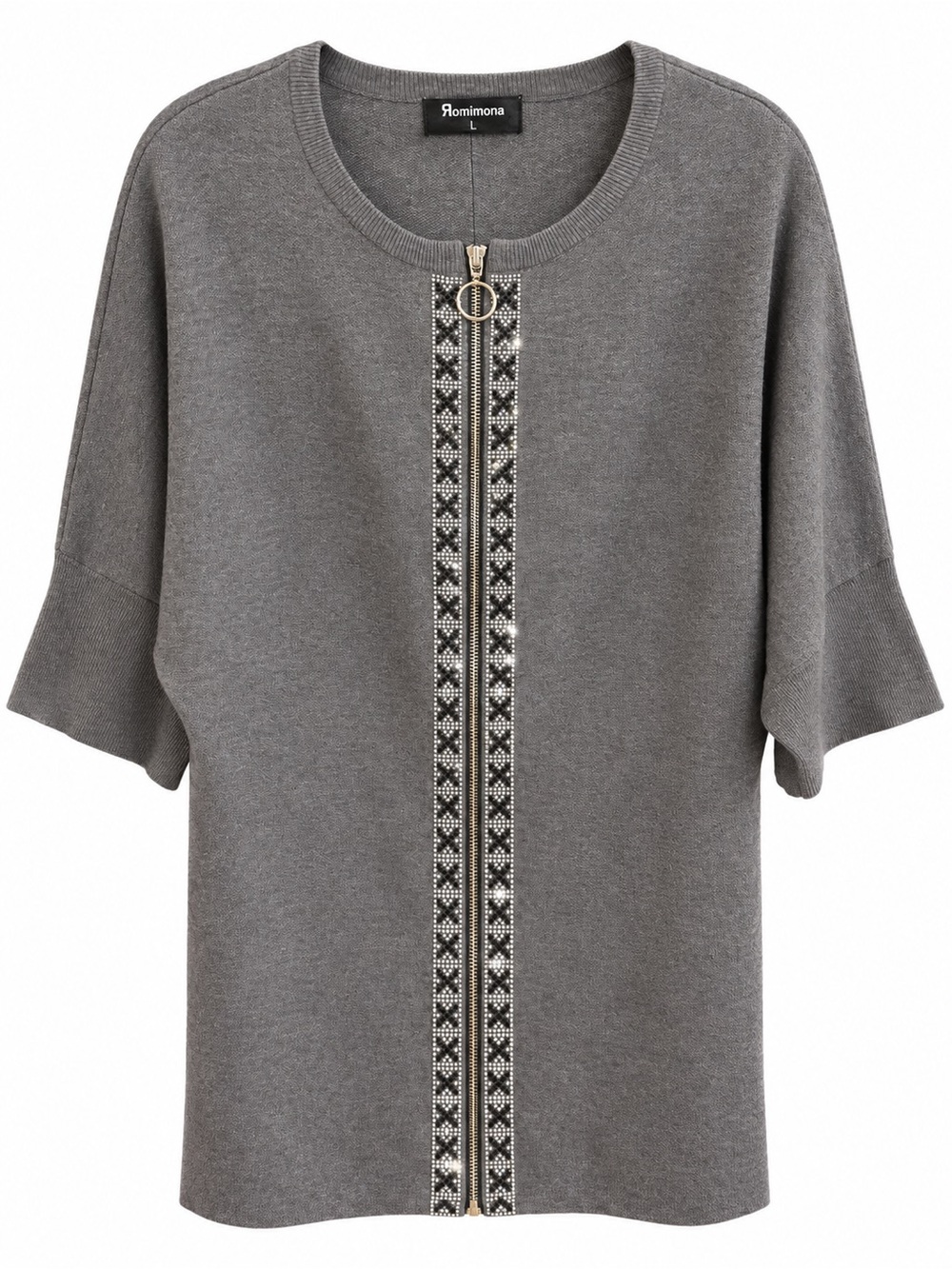 Gray Short-Sleeve Zip-Front Sweatshirt with Embellished Trim